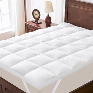 Dual Layer Goose Feather Down Mattress Topper Queen, White Feather Bed Topper, Down Mattress Protector with Straps, Pillowtop Featherbed Pad, 100% Organic Cotton Fabric (60x80 Inch)