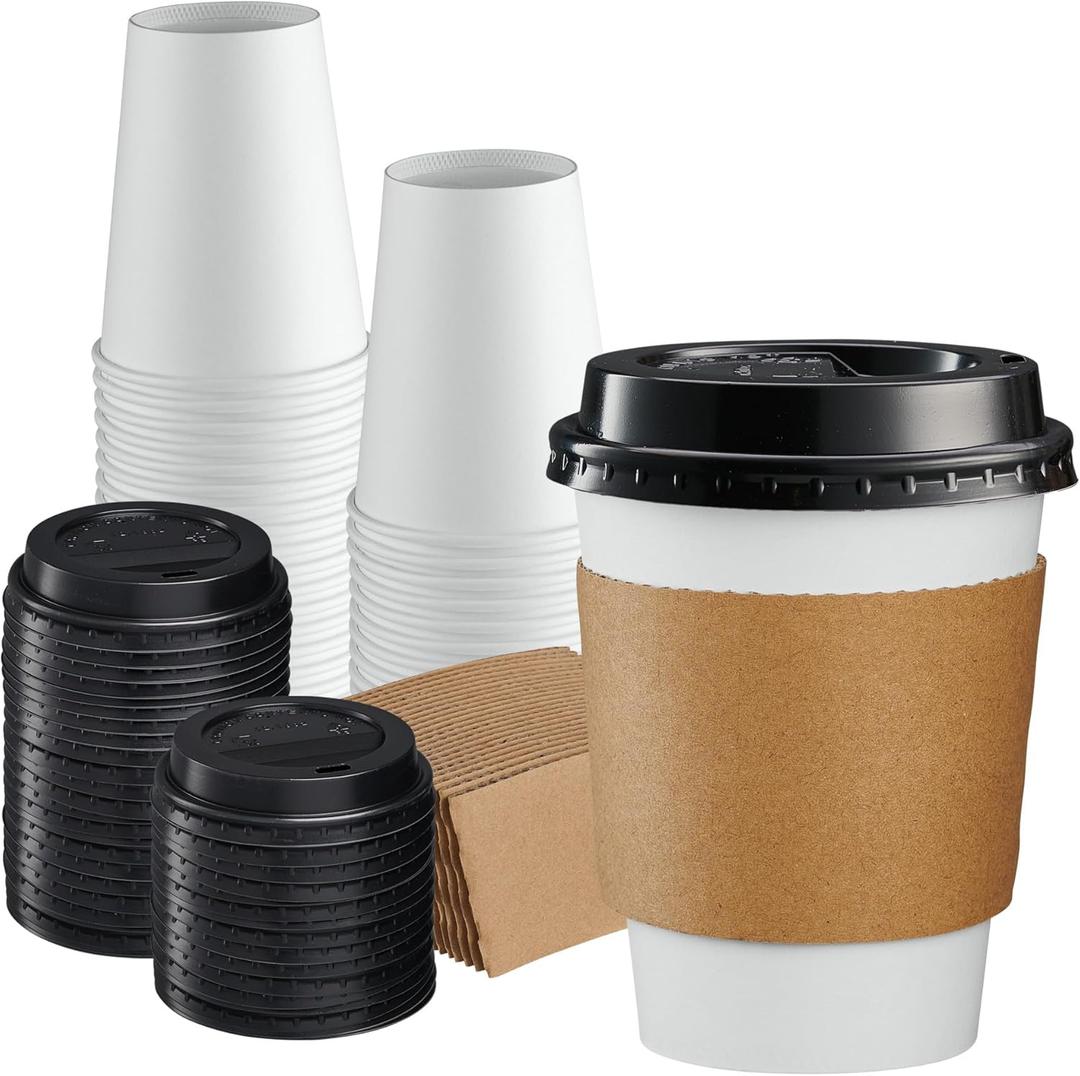 GUSTO [12 oz. - 50 Sets Disposable Coffee Cups with Lids and sleeves - To Go Paper Hot Cups for Travel and Office Use - Formerly Comfy Package