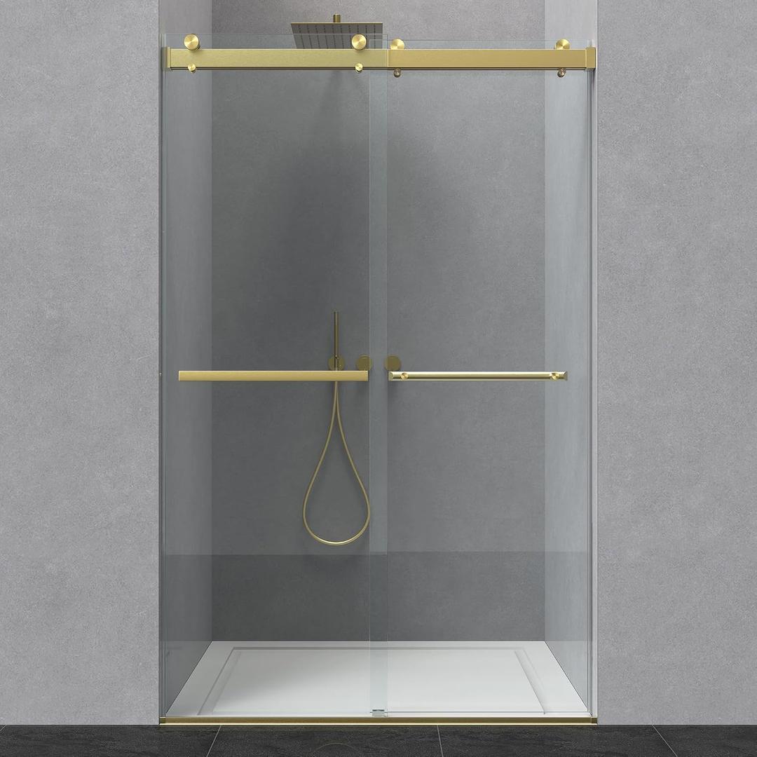 ENSO SENKA 44-48” W x 76” H Dual Sliding Frameless Bathroom Shower Door, 5/16" (8mm) Easy-to-Clean Treated Clear Tempered SGCC Glass, Brushed Gold
