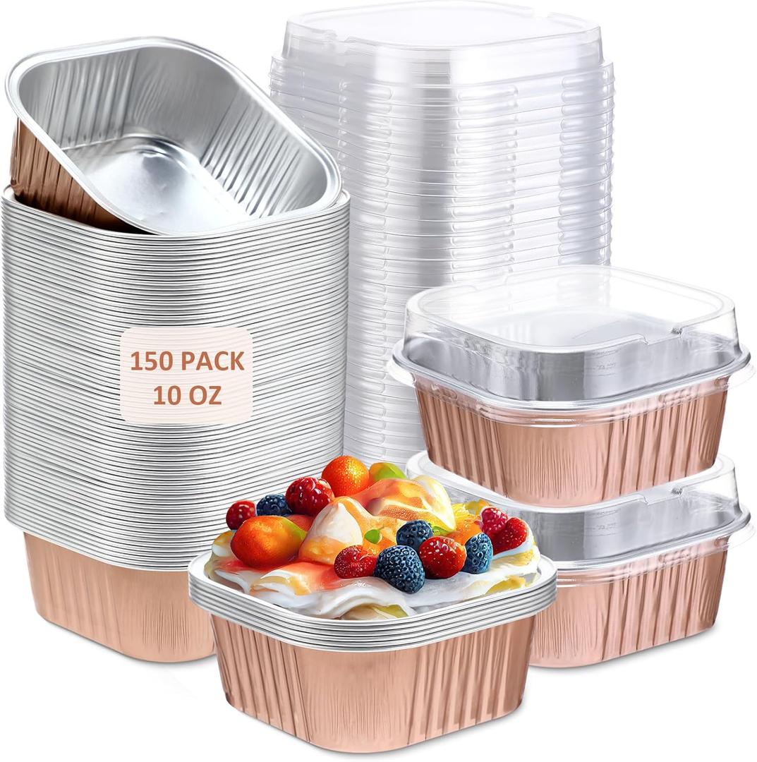 Aoriher 150 Pcs 10 oz Mini Cake Baking Pans with Lids, 4" x 4", Small Foil Baking Cups, Disposable Square Bread Pan Containers, Individual Cake Tins for Party Brownie Desserts Holders(Champagne)