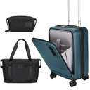 20 inch Small Carry On Luggage Front Open with Laptop Pocket, ABS+PC Hard Shell Suitcase with Spinner Wheels TSA Lock & YKK Zipper, 20in/Toiletry Bag/Handbag, Teal Blue