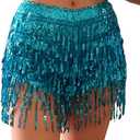 Yollmart Women's Sequins Tassel Skirts Shorts Booty Dance Festival Bottoms (Blue)
