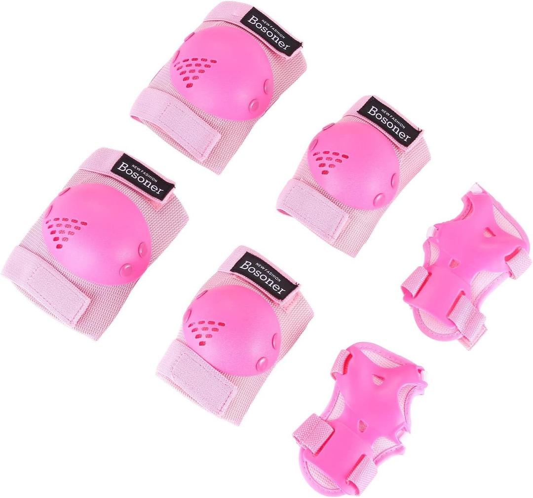 BOSONER Kids/Youth Knee Pads Elbow Pads Wrist Guards Set for 3-15 Years, Child Protective Gear Set for Roller Skates, Cycling, BMX Bike, Skateboard, Inline Skating, Scooter Riding Sports (Pink)