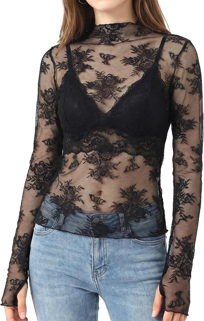 2 x Women's Lace Tops Mesh Sheer Long Sleeve See Through Undershirt (Black, M)