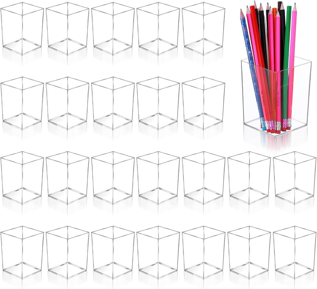 Kifmurase 24 Packs Acrylic Pen Holder, Clear Makeup Brush Holder, Rectangle Pencil Cup Desktop Organizer for Office School Home, Aesthetic Desk Penholder Storage Container Accessories, 2.6x2.6x3.9 In