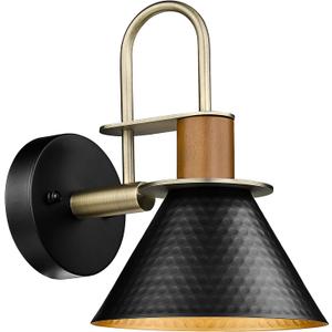 Black Wall Sconce, HWH Industrial Indoor Sconce Light Fixture, Single Wall Vanity Light Black Barn Wall Lamp with Hammered Metal Shade, Black and Gold Finish, 5HZG74B BK+BG (Medium)