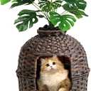 Cat Litter Box Plant Furniture Enclosure, Hidden Handwoven Rattan with Cat Litter Box and Artificial Plants, Odor Control Filter, Real Stones in Living Room, Bedroom, Corner (Brown)