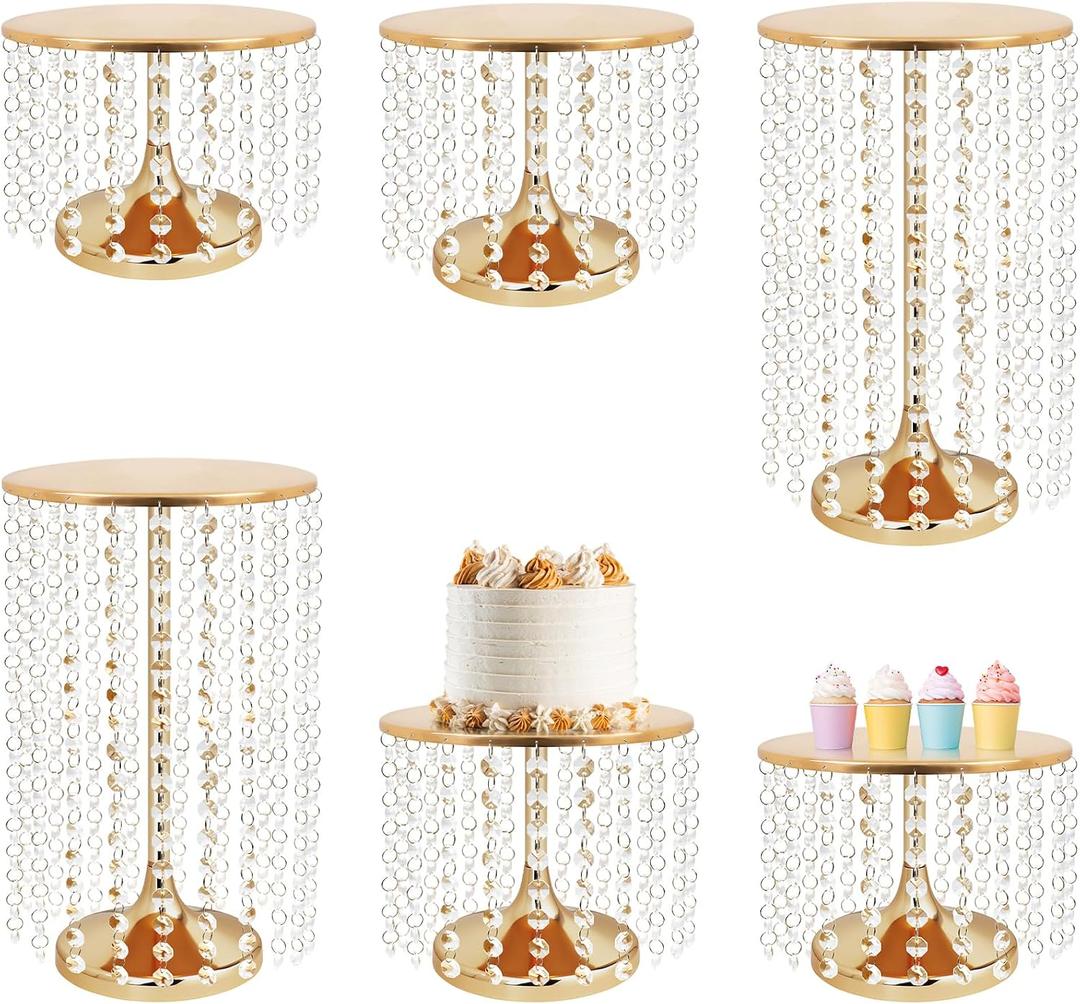 Crystal Gold Cake Stands Set of 6 pcs Round Metal Dessert Cake Holders with Elegant Pendant, Cake Stands for Party, Anniversary (Gold)