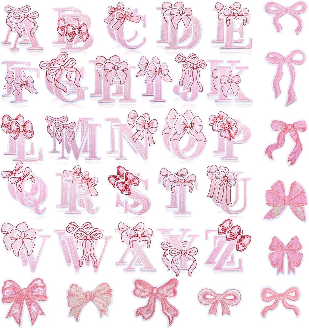 Kingsow Pink Bow Letter Patches: 68PCS Pink Coquette Bowcore Girly Aesthetic Iron-On Patches - Cute Ribbon Bows Embroidery Patches for Backpacks Clothing Hats Jackets Decor