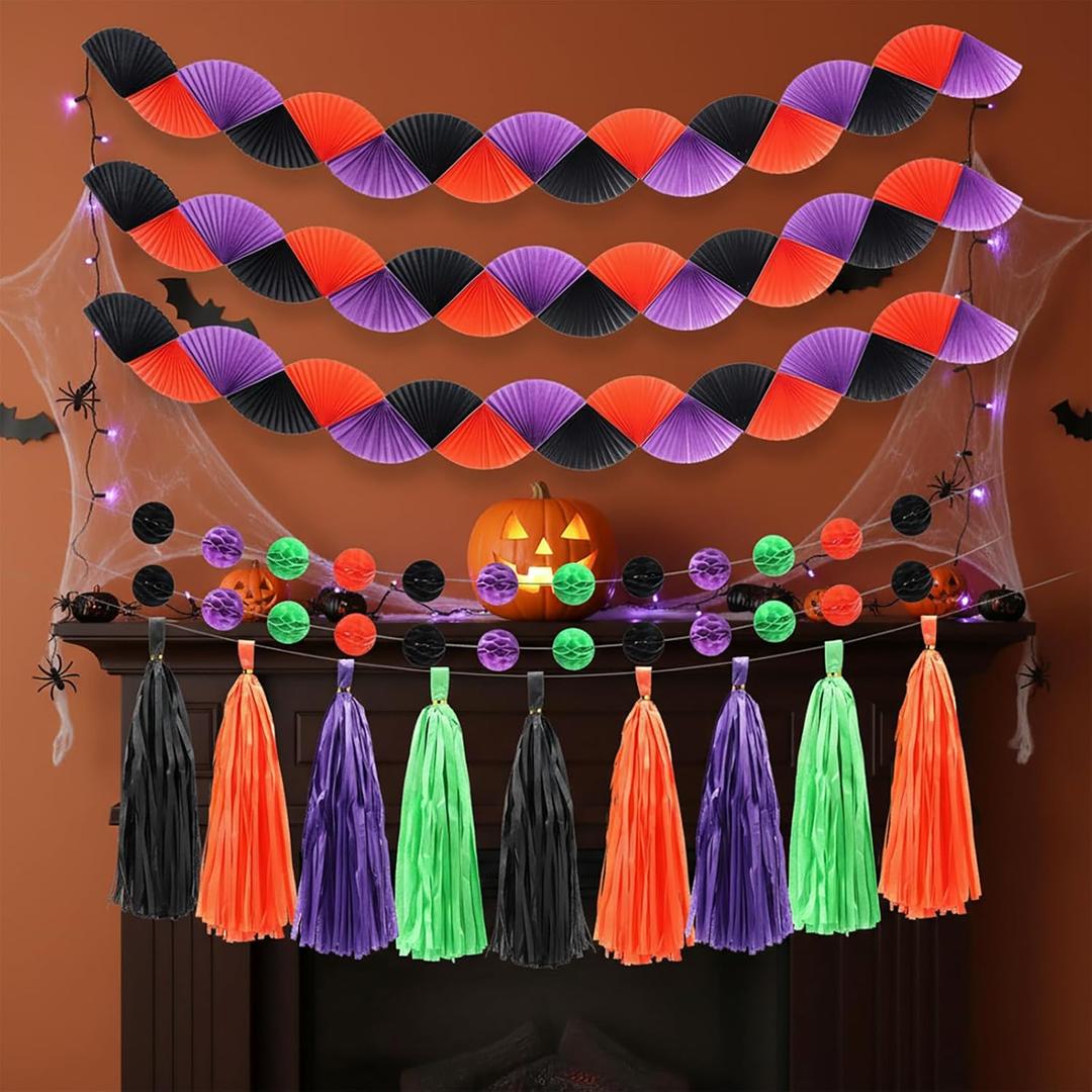 Pasimy Halloween Party Decorations Black Purple Orange Green Honeycomb Garlands Honeycomb Ball Garlands Tassel Banner for Halloween Birthday Wedding Baby Bridal Shower Decorations Supplies Kit