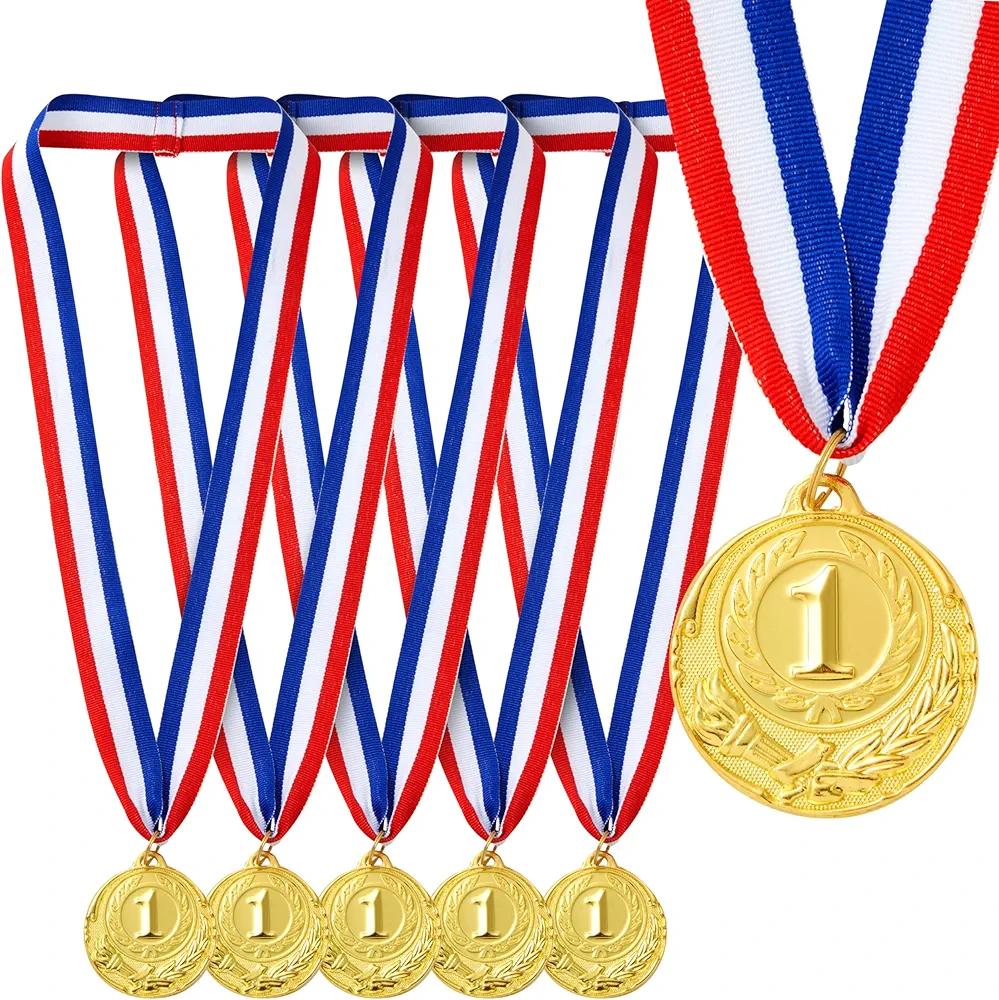 Juvale 4-Pack 1st Place Winner Gold Medals for All Ages, Participation Awards with 15.5-Inch Red, White, and Blue Ribbon for Sports, Tournaments, Competitions (Metal, 2 in)