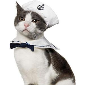 NAMSAN Pet Sailor Costume for Cats Small Dogs, Cat Halloween Costumes, Small Dog Sailor Outfit, Cat Sailors Hat with Tie Collar, Pet Navy Costume for Kitten Puppy Statue Decoration