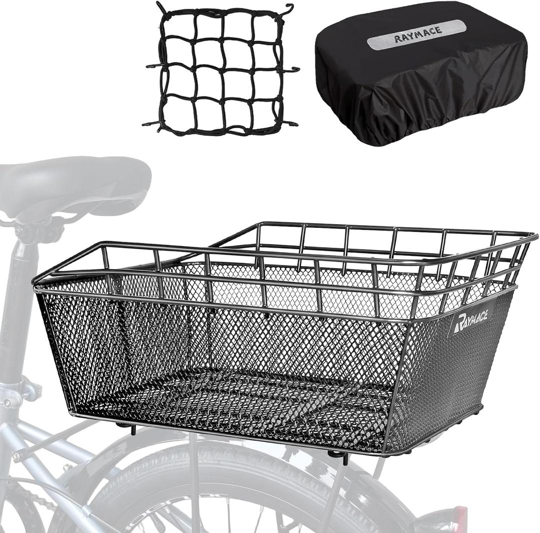 RAYMACE Bike Basket Rear with Cargo Net and Waterproof Cover, Wire Bicycle Basket Large Capacity Storage, Fits for Most Bicycle and Electric Bike with Rear Rack