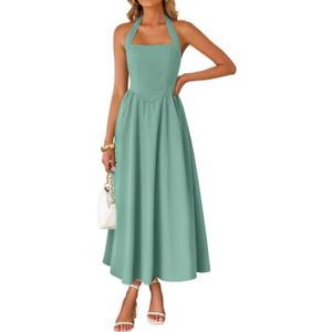 ZESICA Women's Summer Sleeveless Halter Midi Dress 2026 Off Shoulder High Waist Flowy Formal Wedding Guest Long Dresses (Green, L)