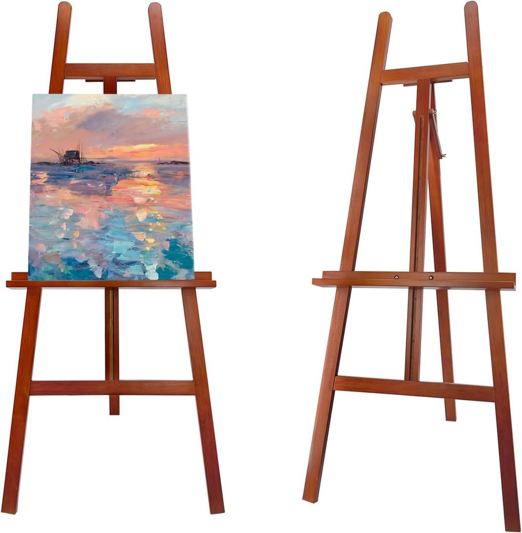 Large A-Frame Wooden Painting Display Walnut Easel, Large Adjustable Pine Wood Standing Easel Holding Canvas Up to 60'', Solid Wood for Display, Wedding Sign or Painting-Walnut