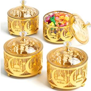 4 Pcs Ramadan Serving Trays with Lid Metal Gold Eid Mubarak Tray Decorations Ramadan Plate Food Storage Container for Serving Cookie Candy Pastry Dessert Eid Party(Retro)