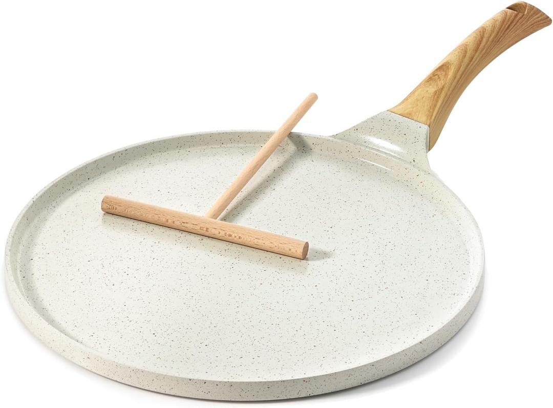 SENSARTE Nonstick Crepe Pan with Spreader, 12-Inch Natural Ceramic Coating Dosa Pan Pancake Flat Skillet Tawa Griddle with Stay-Cool Handle, Induction Compatible (White)