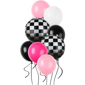 Race Car Balloon Bundle Pink Black Checkered Balloons Latex Balloon Girls One Happy 1st 2nd Fast One Theme Two Fast Race Car Birthday Party Decor Supplies 20 Pcs Kit