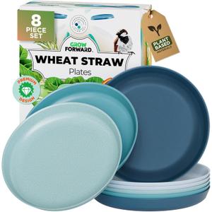 Grow Forward Premium Wheat Straw Plates - 10 Inch Reusable Hard Plastic Dinner Plates Set of 8 - Unbreakable Microwave Safe Plates for Dessert, Camping, RV, Outdoors, Patio, Kitchen Dishes - Seascape