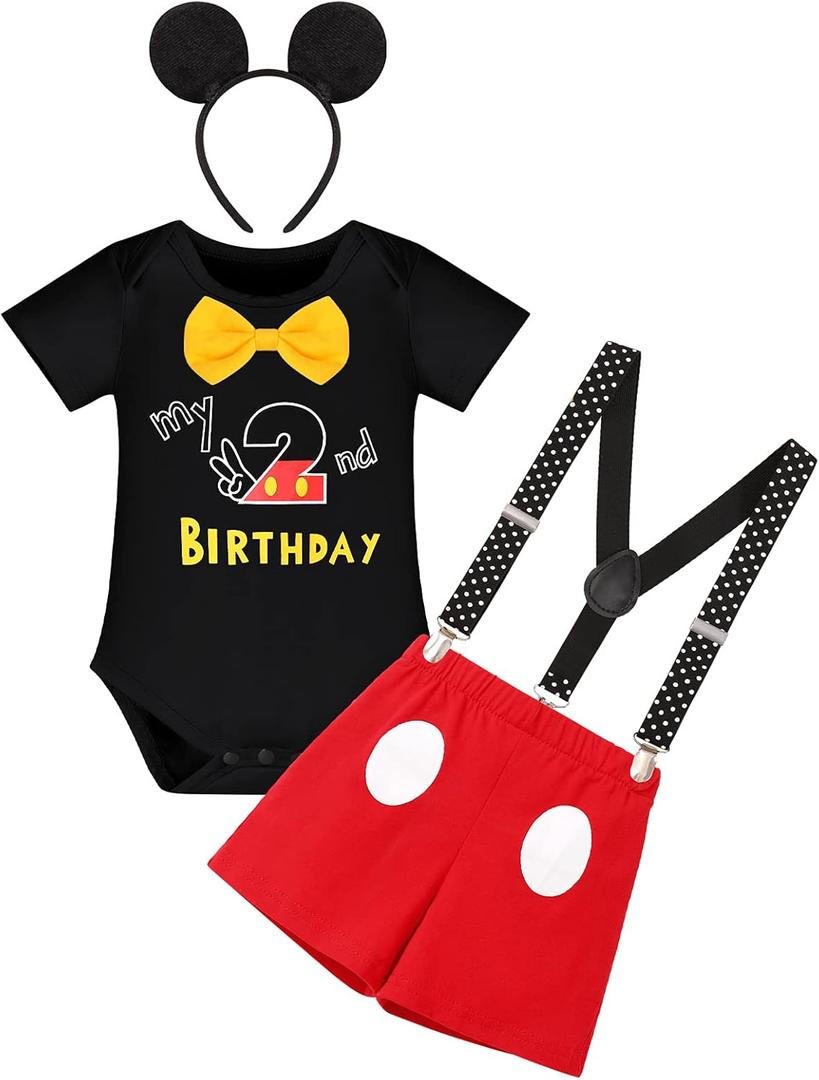 IMEKIS Baby Boys 1st 2nd Birthday Outfit Bowtie Romper with Suspenders Red Shorts Headband Sets Cake Smash Photo Shoot (Black)