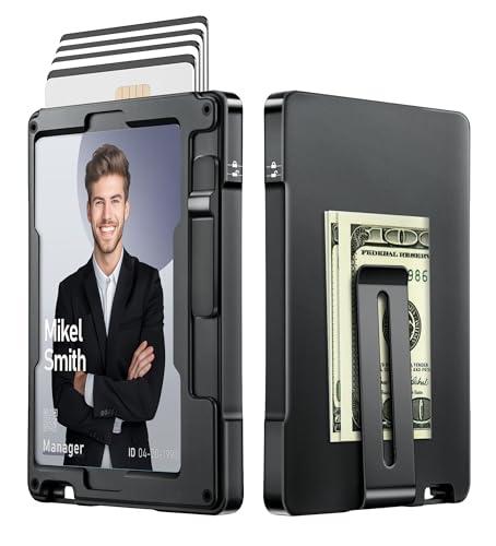 umoven Minimalist Wallet for Men, Slim Aluminum Metal Money Clip Card Holder, Pop-Up Card Case, RFID Blocking Mens Wallet with ID Window, Front Pocket Wallet for Men(Black)