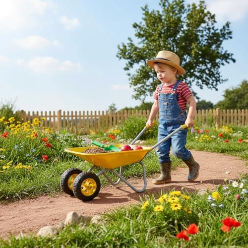 Kids Gardening Tool Set Wheel barrow, Toddler Metal Wheelbarrow Birthday Gift for Kids Outdoor Toys Sowing, Digging Sand, Sweeping Leaves, Shoveling Snow(Yellow)