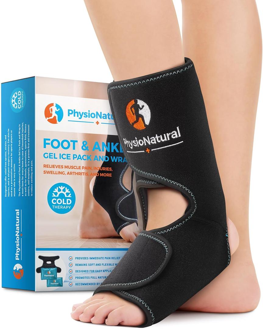 PhysioNatural Foot & Ankle Ice Wrap with 2 Cold Gel Packs  Great for Sprained Ankle, Achilles Tendon Injuries, Plantar Fasciitis, Bursitis & Sore Feet  Cold Therapy Pain Relief (XS-XL)