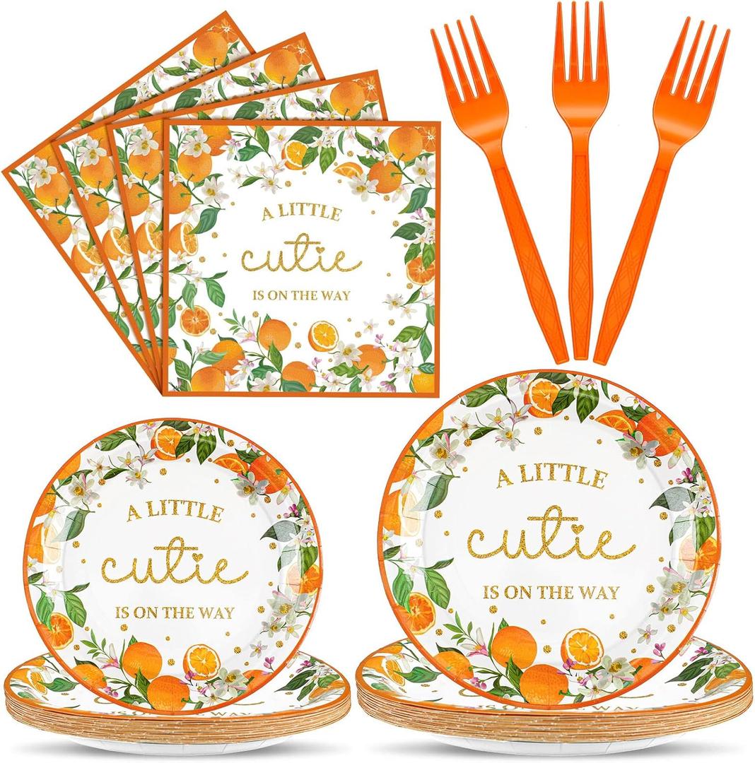 Sunnyray 96 Pieces Baby Shower Plates and Napkins Party Decorations Supplies Baby Shower Party Dessert Plates Napkins Forks for 24 Guests(A Little Cutie is on the Way)