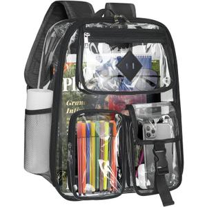 Clear Backpack Heavy Duty Large PVC Transparent See Through Backpacks Work Travel Stadium Approved Festival Backpack (Black)