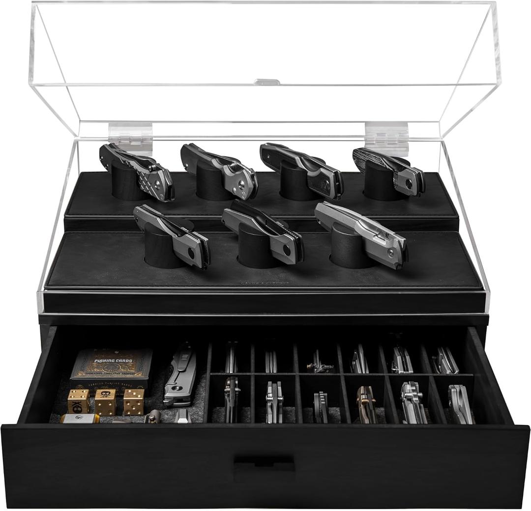 Premium Pocket Knife Display Case for 30 Knives - Large Wooden Knife Organizer, Storage & Holder with Unique Pillars, Hinged Cover, Drawer - Knife Collection Box - Handcrafted Birthday Gift for Men