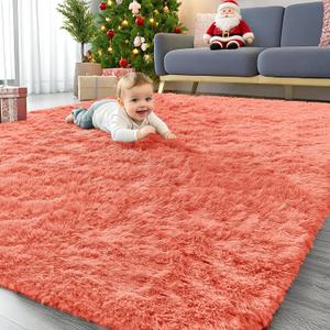 OLANLY 5x8 Machine Washable Large Area Rugs for Living Room, Bedroom, Soft Fluffy Shaggy Bedside Rug, Indoor Floor Carpet for Kids Girls and Boys, Dorms, Nursery, Home Decor Aesthetic, Coral Red