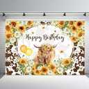 MEHOFOND 7x5ft Highland Cows Floral Birthday Backdrop Brown Cattles Happy Birthday Party Decorations Sunflowers Farm Cow Photography Background for Girls Cake Table Banner Supplies