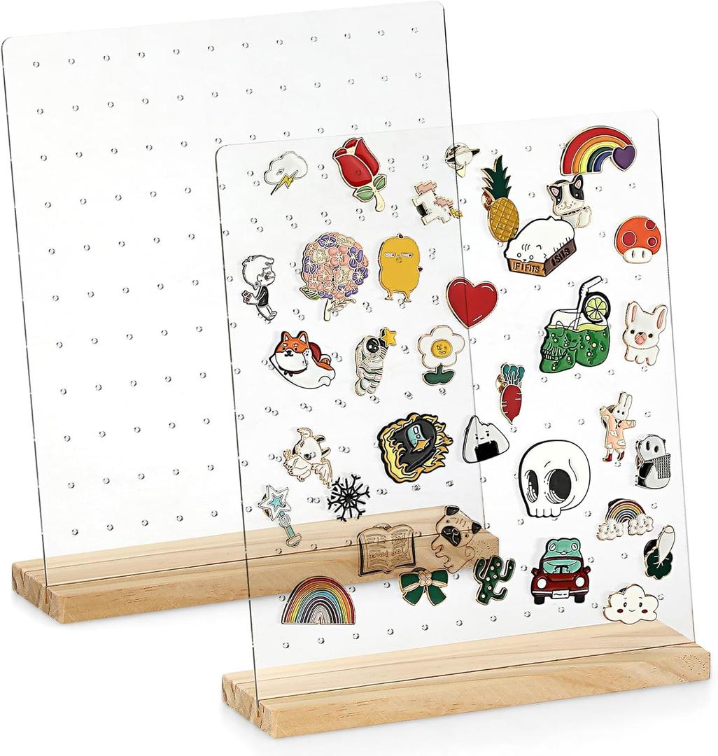 JUXYES Pack of 2 Clear Acrylic Enamel Pin Display Stand with Wooden Base. Tabletop Pin Organizer Display Storage Stand, Hold Up To 132 Pins