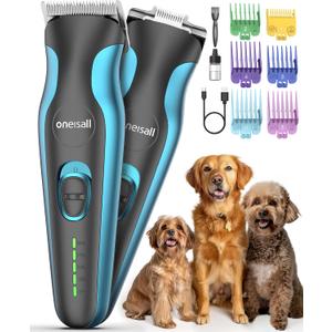 oneisall 2 in 1 Dog Clippers Grooming and Paw Trimmer, Cordless 50dB Quiet Rechargeable 2 Speed Dog Hair Clippers with Detachable Stainless Steel Blade for Small & Large Dogs Pets with Thick Coats (Blue)