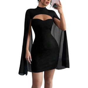 IQLWI Women's Sequin Cloak Sleeve Dress Mock Neck Cocktail Long Flowy Sleeves for Going Out Fromal Prom Party (US, Alpha, X-Large, Regular, Regular, Black)