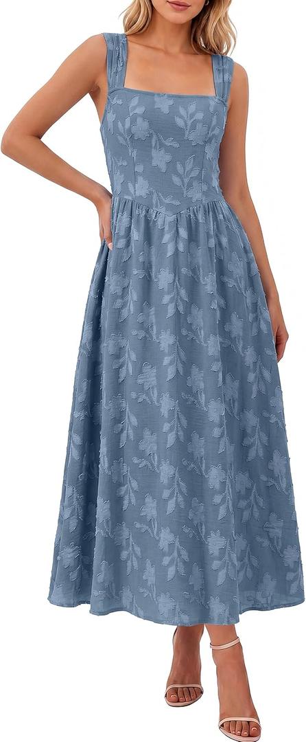 BerryGo Womens Summer Wedding Guest Dresses Casual Sleeveless Square Neck Boho Flowy Formal Vacation Beach Maxi Sundress (Blue, M)