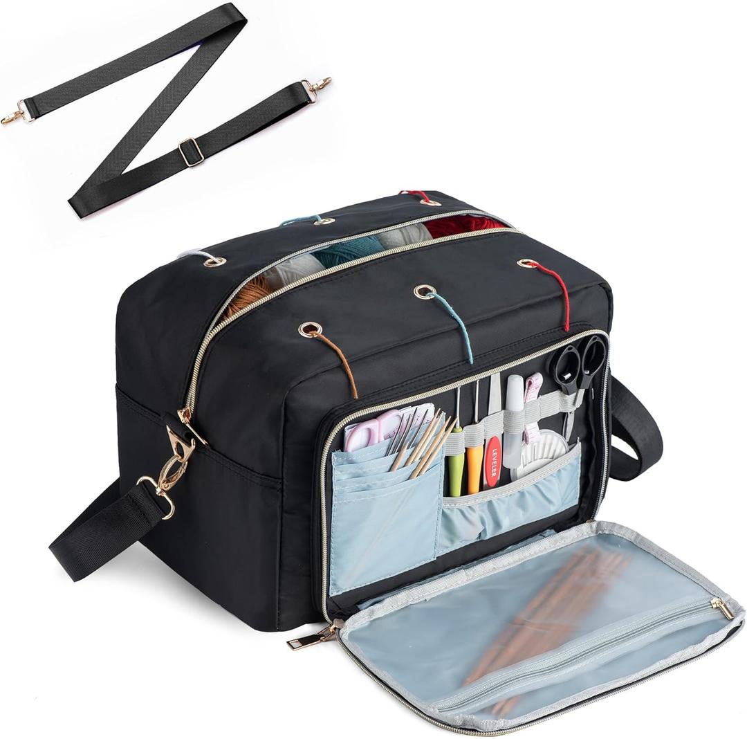 Crochet Bag, Yarn Storage Organizer with Adjustable Shoulder Straps, Yarn Bag for Crochet Accessories, Knitting Needles & Crochet Hooks (Solid, Black)