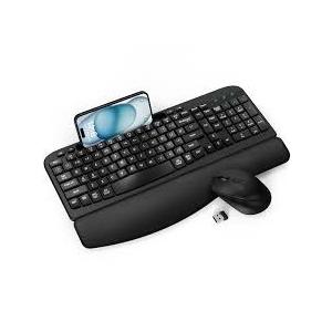 Wireless Keyboard and Mouse Combo, Wave Keys FullSized Ergonomic Keyboard with Cushioned Plam Rest, Phone Holder, Comfortable Natural Typing, 2.4G Cordless Set for Computer, Laptop, PC, Mac, Windows