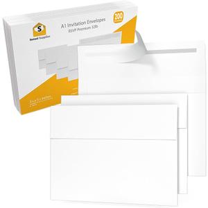 200 3  x 5  White RSVP Small Envelopes - A1 - For Weddings Response Cards, Baby Showers, Thank You Notes, Photos and any 3 x 5 inserts - W/Peel, Press & Self Seal - Square Flap