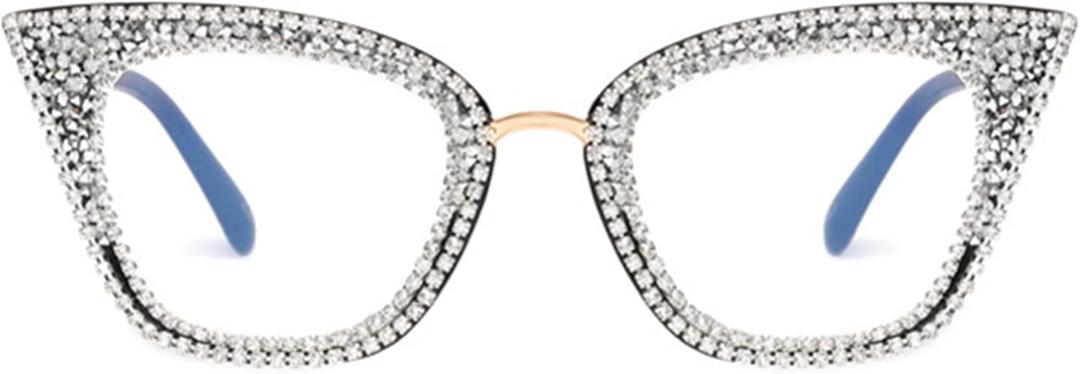 bullabulling Cat Eye Reading Glasses Bling Rhinestones color Crystal Diamond Frame Eyewear Anti Blue Light Reader (White)