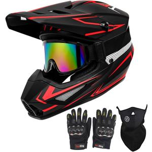 Youth Motorcross Helmet, Kids Dirt Bike Helmets, Motorcycle Helmets Off-Road Mountain Bike BMX MX ATV Helmet with(Gloves Goggles Mask) 4Pcs Set - DOT Approved (B-Red, Large)