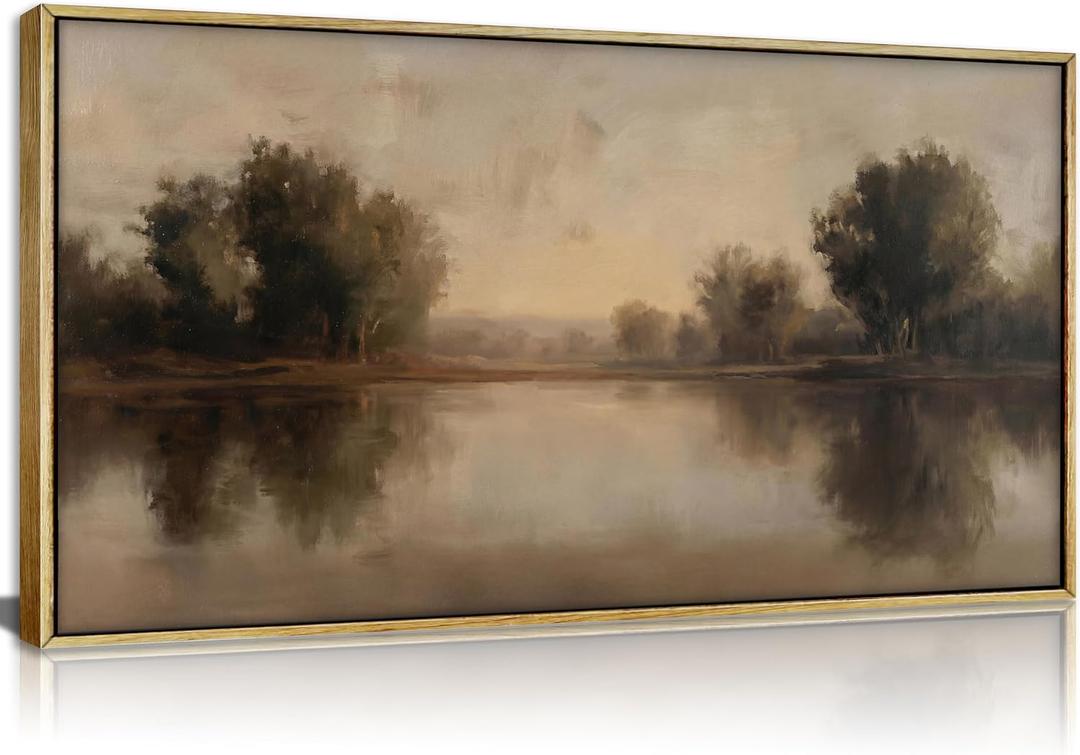 Framed Vintage Landscape Wall Art, Neutral Earthy Tone Lake and Trees Canvas Print, Retro Serene Nature Wall Decor for Living Room Bedroom Office, Ready to Hang, 48"L x 24"W