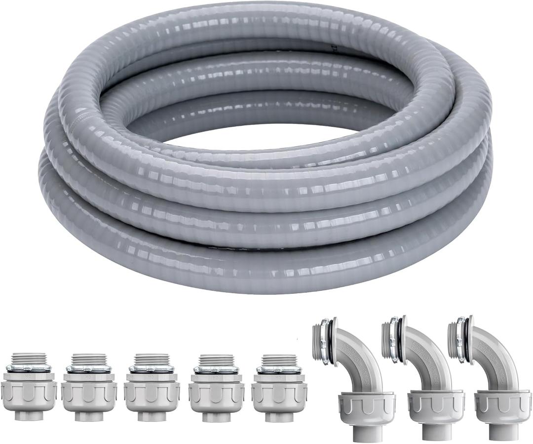 1 Inch 25 FT Liquid-Tight Conduit and Connector Kit Non Metallic Flexible Conduit Electrical Kit - 5 Straight and 3 Angle Fittings Included for Electrical Wiring 1 Inch 25 FT Liquid-Tight Conduit and Connector Kit Non Metallic Flexible Conduit Electrical Kit - 5 Straight and 3 Angle Fittings Included for Electrical Wiring