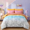 Menghomeus Girls Comforter Set Queen Size 7 Pieces Bed in A Bag Ombre Rainbow Bedding Set Dandelion Butterfly Print Kids Bedding Collections