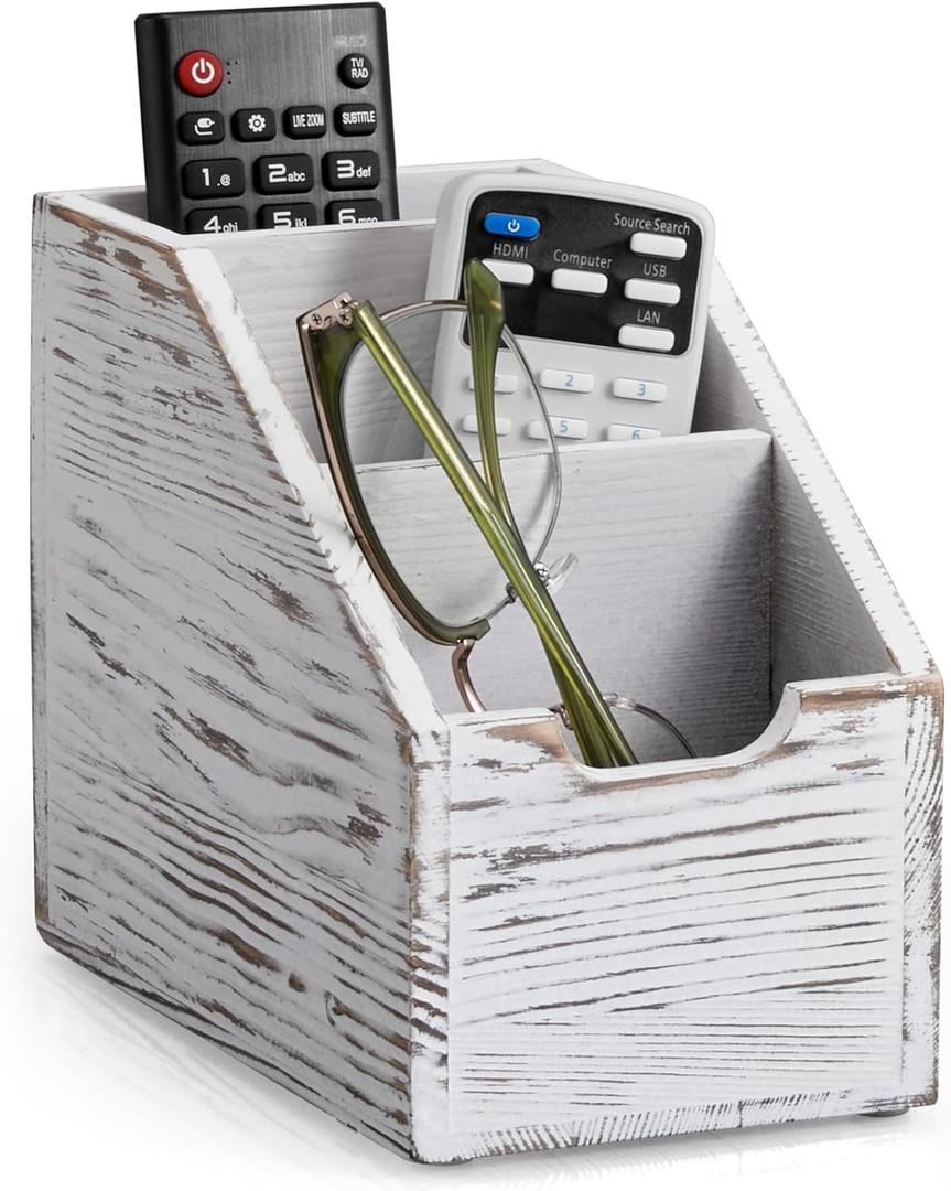 Remote Control Holder, TV Remote Holder, Wood Farmhouse Remote Caddy for Table, Remote Organizer Caddy with 3 Slots, Remote Storage Box for Home Office, Rustic White