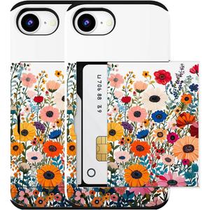 Compatible for iPhone 16e Case with Card Holder Cute - Kawaii Design Military-Grade Drop Protection Rugged Wallet Cases for Women (White Vibrant Flowers)