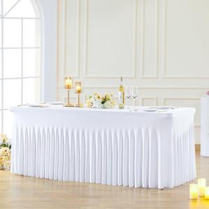 Besutolife White Tablecloths for Rectangle Tables 6ft Spandex Table Skirt One-Piece Wrinkle-Resistant Ruffles Design for Banquets Parties Wedding Dining Table (72" x 30" (Rectangular)