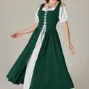 Scarlet Darkness Renaissance Costume Women Peasant Medieval Dress Short Sleeve Maxi Fairy Dresses with Pockets Dark Green XL