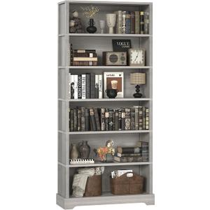 TVU 6 Tiers Wooden Bookshelf, 77.2" Tall Farmhouse Style Open Bookcase, 31.5" Wide Standing Book Shelf with Storage for Study Room, Living Room, Gray, 10.6" D x 31.5" W x 77.2" H