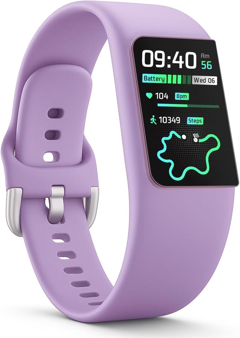 FITVII Slim Fitness Trackers, Fitness Watch with 24/7 Heart Rate, Blood Pressure, Blood Oxygen, Stress Monitor, AMOLED Activity Tracker Step Calorie Counter, IP68 Waterproof Smart Watch for Women Men (Purple)